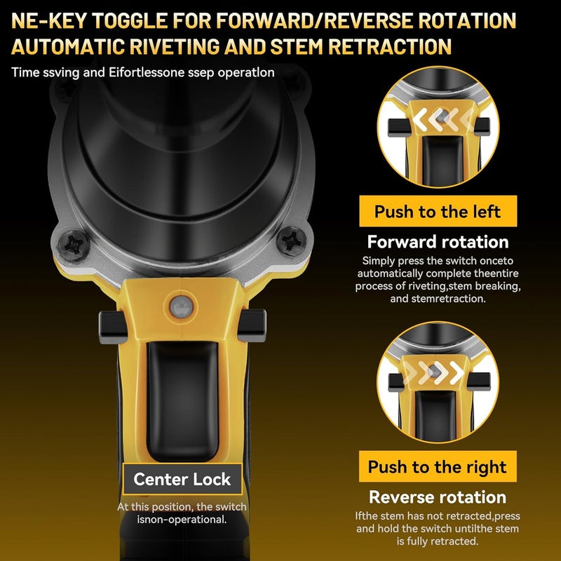Labfintom Cordless Rivet Gun Tool for Dewalt 20V Max Battery, Brushless Electric Automatic Rivet Gun for Rivets 1/8'', 5/32'', 3/16", Pop Rivet Tool with 100PCS 5/32'' Rivets for Metal, Plastic (No Battery) - Image 3